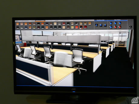 　オフィス空間の3D画像によるプレゼンテーションでは、床の色、椅子の色、机の色などを自由に変更して確認できる。その後に、実際の椅子や机を見て理解を深めることができる。