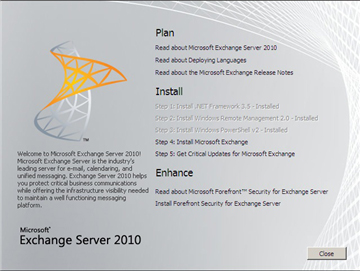 　Microsoftは米国時間4月15日、「Exchange Server 2010」のベータ版を公開した。今や世界の企業の65％がExchangeを導入しているという。

　この記事では、2009年後半に正式版公開が予定される同製品をみてみよう。

　こちらはセットアップ画面。「Microsoft .NET Framework 3.5」と「Windows PowerShell 2.0」に大きく依存していることが分かる。これらの必須コンポーネントがまだコンピュータにインストールされていない場合は、インストールを求めるメッセージとインストールのためのリンクがセットアッププロセスで表示される。