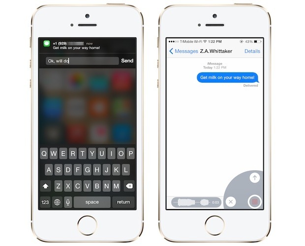 　「iOS 8」では、グループへの個々のユーザーの追加および削除機能や、スレッドにタイトルを付け、それに従って会話を分類できる機能を含むグループメッセージング向けのさまざまな機能が追加されている。また、複数のアプリを何度も切り替えることなく「メッセージ」アプリから直接写真や動画、音声メッセージを送信することや、ほかのアプリを開いたままメッセージにすばやく返信することも可能になる。