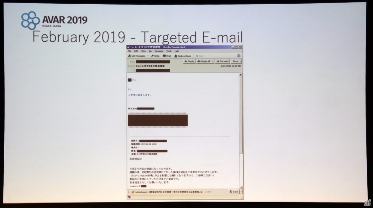 2019年2月（2）の攻撃で送られたメール。添付ファイルのパスワードが並記されている