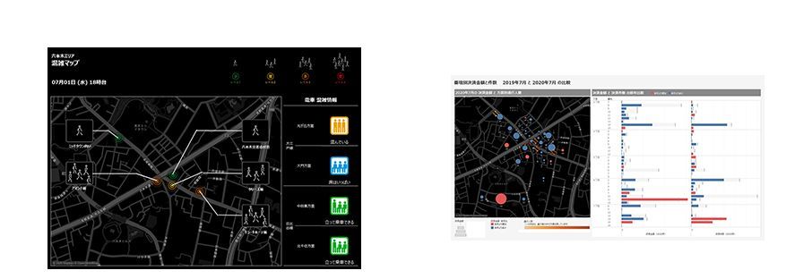混雑マップのイメージ（左）と、人流情報／購買情報の組み合わせ例（右）（出典：六本木商店街振興組合、NEC、三井住友カード、ナビタイム）
