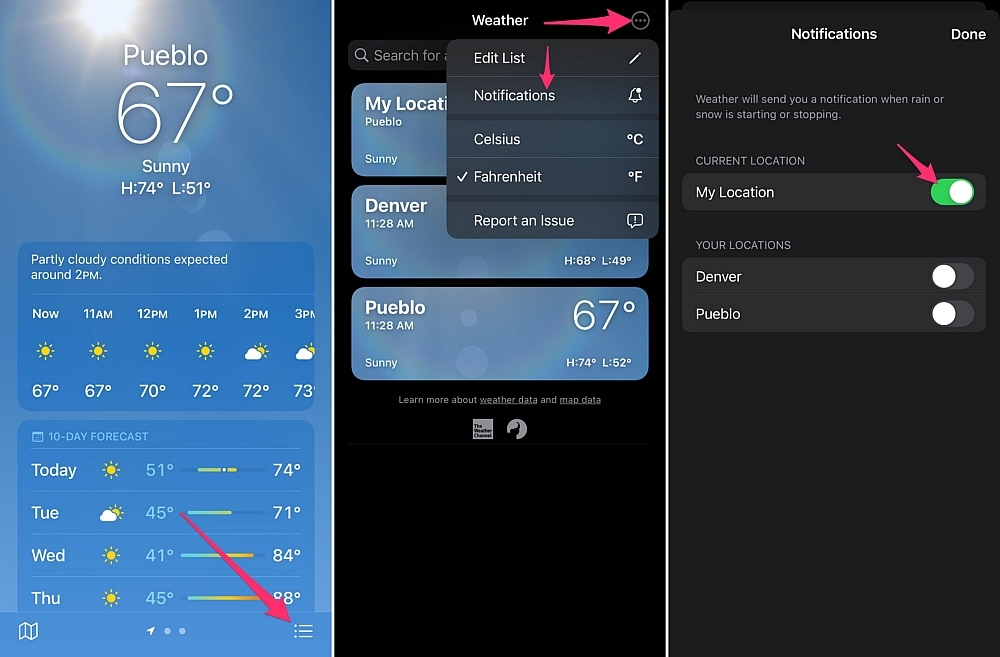 iPhoneの「天気」アプリには、雨や雪が近づいたときにプッシュ通知で知らせてくれる機能が追加された