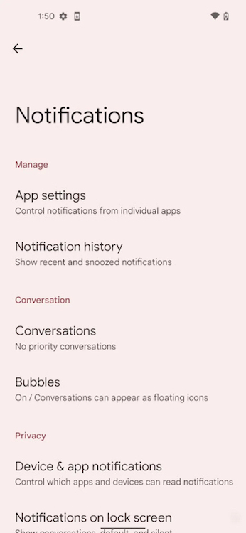 Android 12で「Notification History」（通知履歴）にアクセスする。
