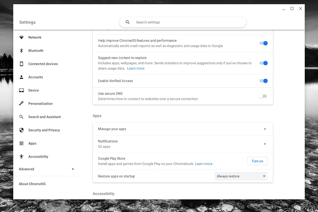 Chrome OSの「Apps」（アプリ）の項目は、「Settings」（設定）アプリからアクセスできる。