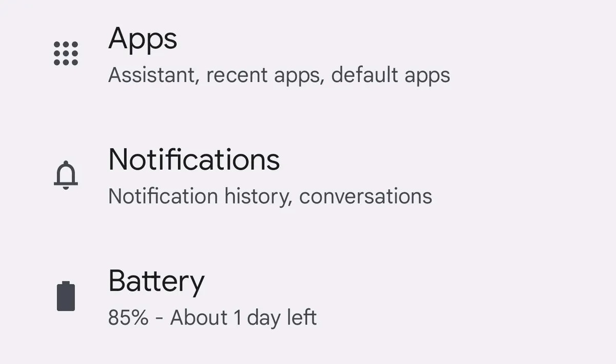 図2：Androidの「Settings」（設定）アプリ内にある「Battery」（バッテリー）の項目。
