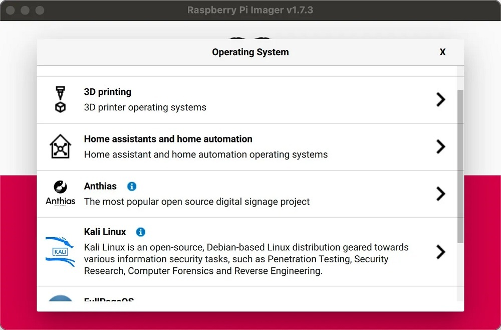 Raspberry Pi ImagerでKali Linuxを見つける。提供：Adrian Kingsley-Hughes/ZDNET