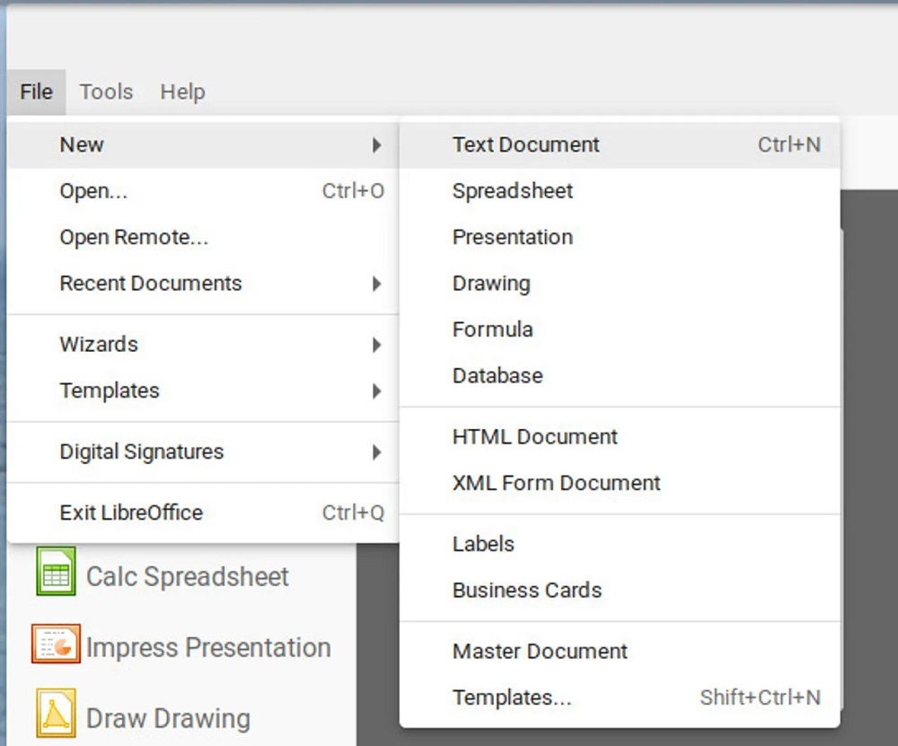 LibreOfficeのメインウィンドウの「File」（ファイル）メニューから新しいドキュメントを作成する。提供：Screenshot by Jack Wallen/ZDNET