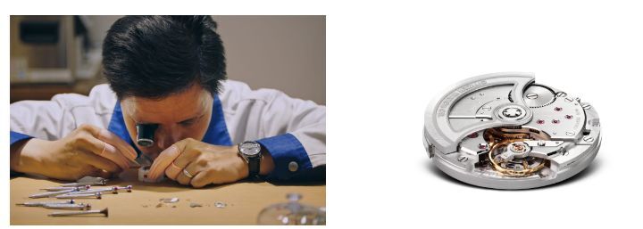 ME開発部での作業風景（左）と機械式時計のムーブメント（右）（提供：シチズン時計）