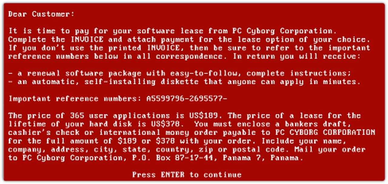 PC Cyborgによる支払いの要求。送金手段は郵便だ。提供：Sophos