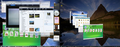 左、Windows Aeroの画面。半透明のユーザーインターフェースが表示された画面。右は、Windows Aeroによる Flip 3D