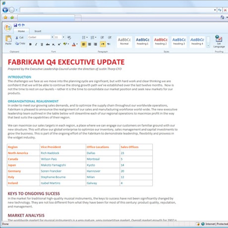 　ロサンゼルス発--Microsoftは米国時間10月28日、「Word」「Excel」「PowerPoint」の新バージョンが標準的なウェブブラウザ上で実行可能となることを認めた。このブラウザ上での編集機能は、次期「Office」であるOffice 14と併せて開発中だ。

　この画像では、Internet Explorer（IE）内で表示したWordドキュメントを示している。