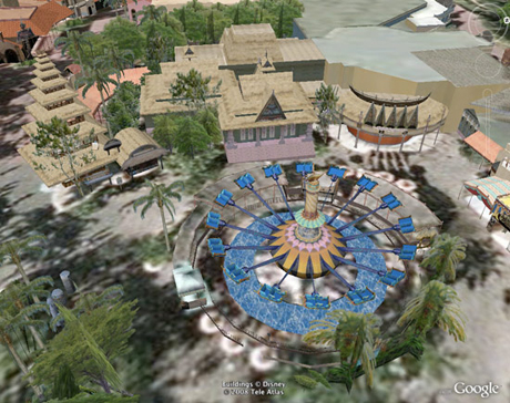 　DisneyとGoogleは米国時間6月5日、Walt Disney Worldを「Google Earth」に持ち込むための取り組みを発表した。この取り組みにより、最新版Google Earthでは、同パークの様子を3Dで表示させることができるようになった。パーク内にあるアトラクション、ショップ、湖などを拡大表示できる。画像は、Google Earthで見たシンデレラ城。