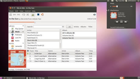 新たなサウンドメニュー：統合化されたRhythmboxのコントロール

　Rhythmboxはかつての姿とよく似ているものの、よりすっきりしたかたちに仕上がっている。Windows上で動作するWindows Media Playerではマウスポインタをタスクバー上に移動させることでトラックの変更等が行えるようになっているが、Ubuntuでもボリュームコントロールをクリックすることでトラックの変更等が行えるようになった。また、あらかじめキーを割り当てておくことで、キーボードショートカットも使用できるようになった。