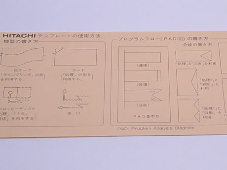 　写真は「日本ユニシス」のフローチャート定規です。ロゴの横に貼り付いているのは、所有者である編集長のハンコのようですね。固い透明のプラスチック板に、記号の型がうがたれた、オーソドックスなタイプです。さて、フローチャート、システム構成図の記号や描き方というのは、JISの規格として決められています。であれば、企業によって、そう大きな違いはなさそうなのですが、どっこい、かなりバラエティに富んでいます。（画像をクリックすると、次のページへ進みます）
