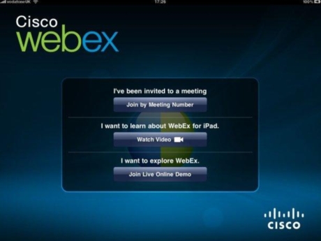 2.CiscoのWebEx for iPad

　次はCiscoの「WebEx for iPad」を紹介しよう。このアプリケーションを使用することで、WebExによるウェブ会議にiPadで参加し、オンライン会議の様子をフルスクリーンで視聴しながら、無償のVoIP機能を用いて会議で発言できるようになる。