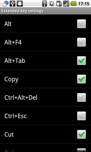 　拡張キーボードは設定で表示・非表示を選択可能。選べるのはAltやAlt＋F4、Alt＋Tab、Copy、Ctrl＋Alt＋Delなど、キーを組み合わせた機能も1タッチで実行できる。
