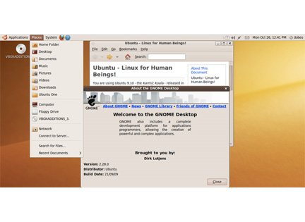 GNOME 2.28
デスクトップ版ではGNOME 2.28を採用。
オンラインストレージ「Ubuntu One」には「Places」メニューから探し出すことができる。Ubuntu Oneのステータスは上のバーに表示されるクラウドマークで確認できる。
