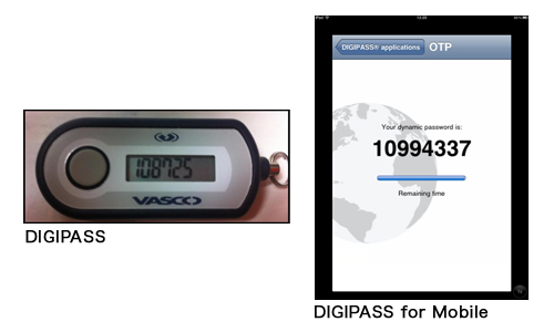 VASCO Data Security社の「DIGIPASS」（キーホルダー型のハードウエアトークン）と<br/>「DIGIPASS for Mobile」（ソフトウエアトークン）