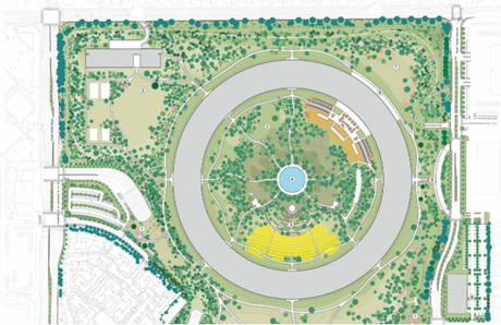 上空からのイメージ図。ドーナツの内外に多くの緑があることが分かるが、注目は道路が放射状・円上に配置されている点だろう。キャンパスを囲むように、そして緑の間を抜けるように敷設されるようだ。