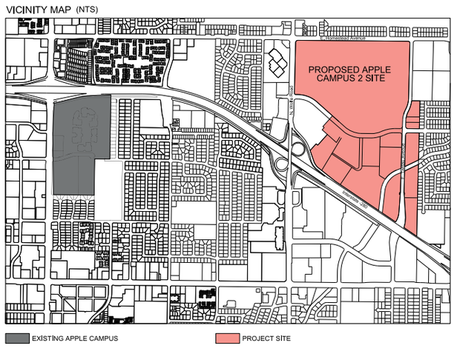 灰色の部分が現在のAppleの社屋で、赤い部分がApple Campus 2だ。敷地面積は3〜4倍広くなる。