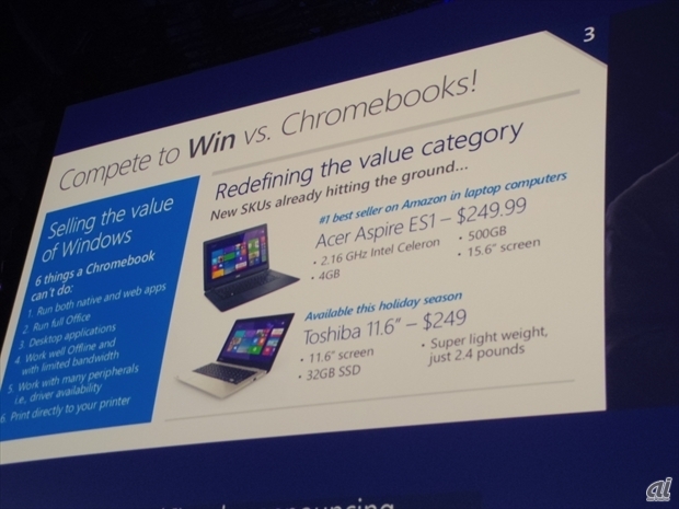 Turner氏が初日のキーノートで発表したHP製の199ドルWindows PCが話題をさらった。GoogleのChromebookに対抗するための低価格PCを、東芝やAcerも提供する。