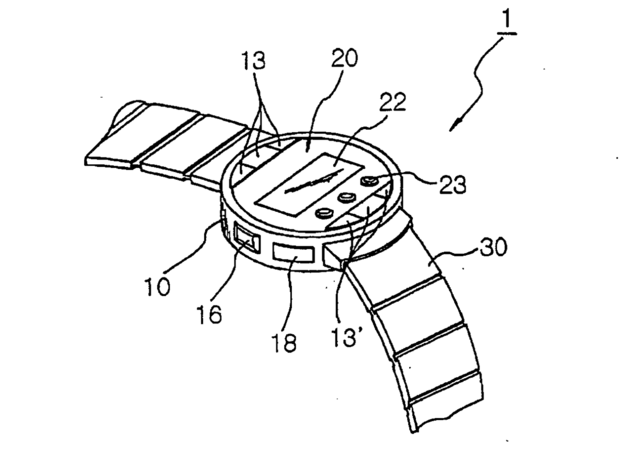 初期のサムスンのスマートウォッチ

　サムスンはこの特許を2006年に出願しており、そこでは、このデバイスは「可搬型ターミナルと無線通信を行うことを目的とした腕時計タイプのヘッドセットアセンブリ」と記述されている。これはBluetoothモジュールでヘッドセットと通信する手首に装着するデバイスだ。

米国特許番号：20070042821 
出願日：2006年8月22日
公開日：2007年2月22日
譲受人：Samsung Electronics Company, Ltd. 