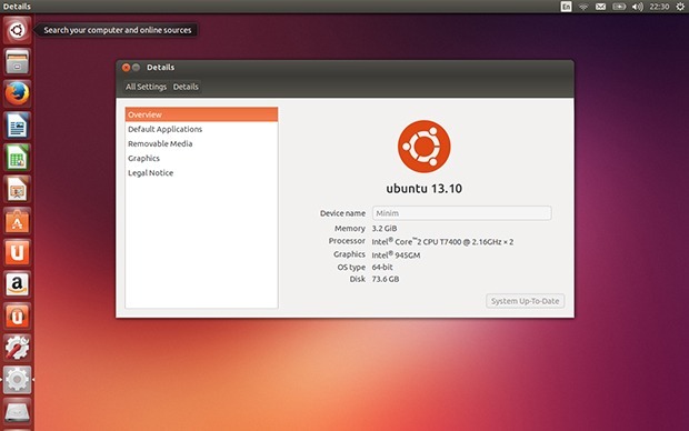 参考までに、これはデスクトップ向け「Ubuntu 13.10」だ。提供が終了した「Ubuntu One」サービスのアイコンは、14.10のランチャーから削除されている。デフォルトのデスクトップの背景も若干異なる。