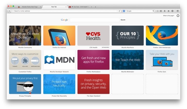 MozillaのEnhanced Tilesは、Mozillaに関連したリンクを新しいFirefoxのNew Tabページに表示する。