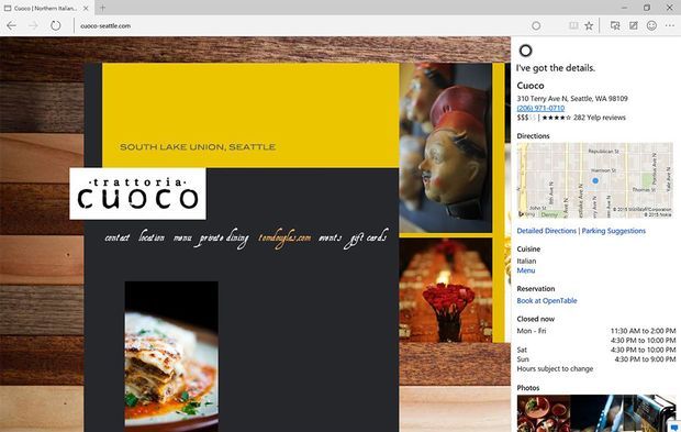 Cuocoレストランのサイトは「Cortana」の能力を非常によく表している。