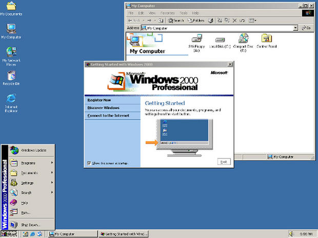 Windows 2000 Professional
（2000年2月17日リリース）

　Windows NT 4.0のコードベースを基に構築され、NT 4.0とWindows 98の両方に取って代わることを目指した「Windows 2000 Professional」（Microsoftは失敗に終わった「Windows Me」を後にリリースすることになったが）は、ACPIとWDMを完全にサポートするプラグアンドプレイ、Windows 98/98 SE製品シリーズの多くの機能など、重要な改善をもたらした。

　すべてのWindows 2000エディションに搭載された新機能には、「NTFS 3.0」や「Encrypting File System」（EFS：暗号化ファイルシステム）、「Logical Disk Manager」、LDAP／「Active Directory」に対応した「Address Book」（アドレス帳）、「Microsoft Management Console」（MMC：Microsoft管理コンソール）が含まれる。「Windows File Protection」（WFP：Windowsファイル保護）は、権限のないプログラムが重要なシステムファイルに変更を加えるのを防ぐ機能だった。