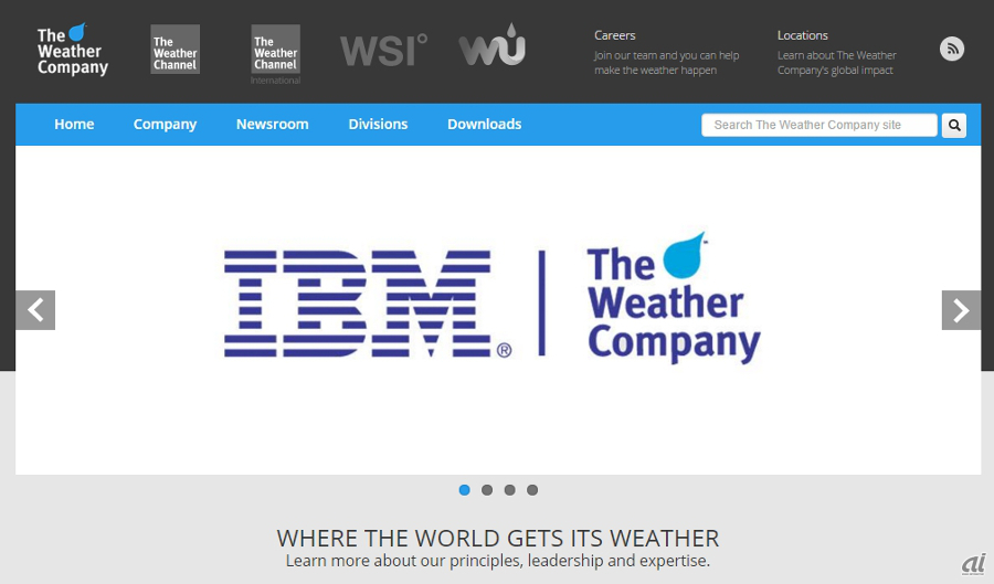 買収発表の翌日、The Weather CompanyのウェブサイトのトップページにはIBMのロゴが表示されていた