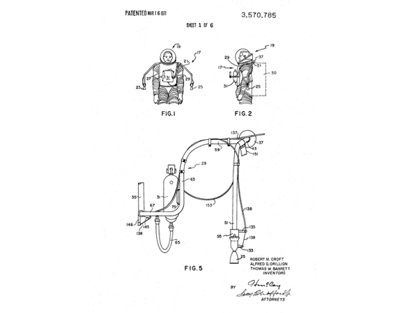 排出機構付き宇宙服ヘルメット
　言うまでもなく、1969年にNASAに付与されたこの特許は実を結ばなかった。少なくとも、この図の形では。この特許は、ヘルメットのフェースプレートに取り付けられた、「嘔吐物の排除」を含む、「ヘルメットおよび宇宙服の内容物を排出する」ための排出デバイスについて説明したものだ。つまり、組み込みのエチケット袋というわけだろう。