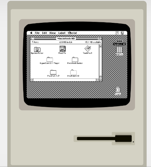 System 7（Mac OS）
　1991年にリリースされた「System 7」は、「Macintosh」のOSとして6年間使用された。このOSでは、これ以前のバージョンよりもインターフェースが改善されており、仮想メモリ、個人ファイル共有、QuickTime、QuickDraw 3Dがサポートされていた。

　このエミュレータではSystem 7.0.1が動作し、「MacPaint」「MacDraw」「Kid Pix」を使用することができる。