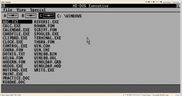 Windows 1.01
　1985年にリリースされたWindowsの最初のバージョンは、DOSのグラフィックインターフェースだった。

　「Windows 1.0」ではタイル式ウィンドウしかサポートしていなかったが、MS-DOSの実行ファイルマネージャ、カレンダー、カードファイル、メモ帳、ターミナル、電卓、時計などのデスクトップの機能を持っていた。

　このエミュレータは、クロックが4.77Mhz、RAM 256KB、CGAディスプレイを搭載した仮想マシン上で、「IBM PC Model 5160」のROM BIOSを使用して、Windows 1.01を実行するように設計されている。