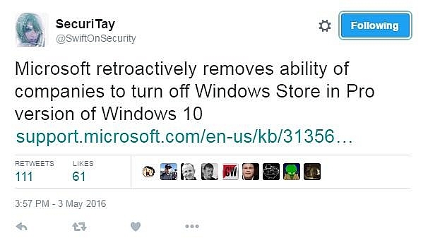 MicrosoftはWindows 10 ProバージョンでWindowsストアへのアクセスをブロックする機能を停止した。