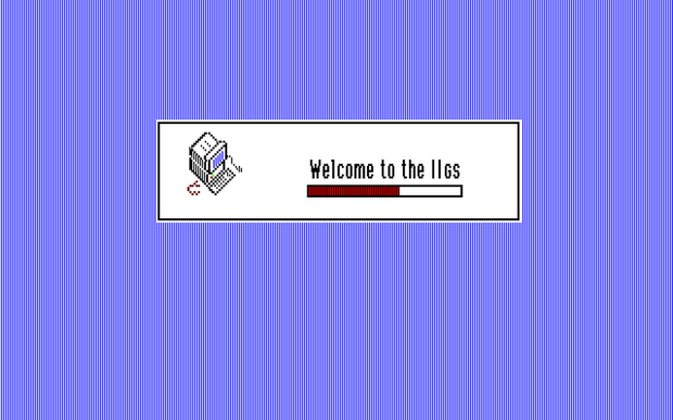 GS/OS 5.0.4（1991年）
　Apple IIGSコンピュータは、1988年9月にリリースされた「Apple IIGS System Software 4.0」（GS/OS）からは、このロード画面を表示していた。

　このスクリーンショットは、「GS/OS System 5.0.4」のものだ。1991年2月にリリースされている。
