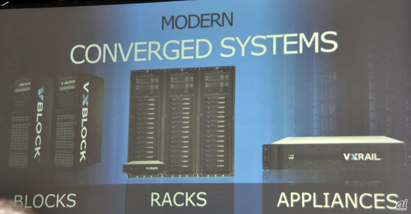 EMCのコンバージドシステム。同社は今回のコンファレンスで1万8000ドル～のオールフラッシュストレージアレイのUnityを発表している