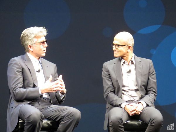 イベントのハイライトの1つがMicrosoftとの提携拡大だろう。Microsoft CEOのSatya Nadella氏が登場し、デジタルエンタープライズについて話をした。