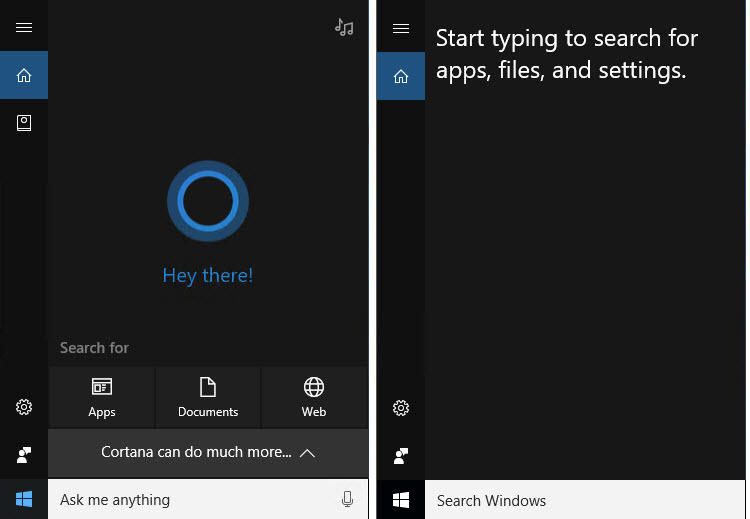 Cortanaがオンのとき（左）と、オフにした後（右）の画面