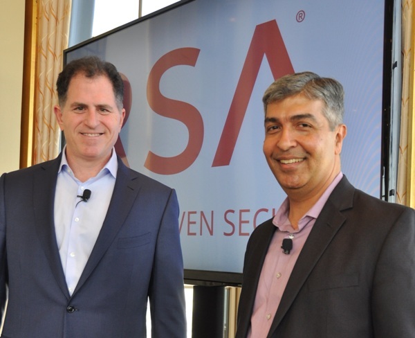 Dell TechnologiesのCEOであるMichael Dell氏（左）と、RSAのCEO、Rohit Ghai氏（右。Ghai氏のCEO就任はDell氏の強い意向があったという