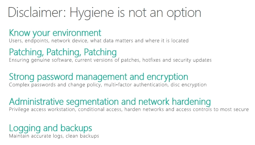 サイバーハイジーンを実現するための5項目。「システム環境を把握する」「とにかく最新パッチを適用する」「強固なパスワードと管理ポリシー／暗号化の徹底」「アクセス権限／ネットワーク権限の徹底」「ログの取得とバックアップ」を挙げている（出典：Microsoft）