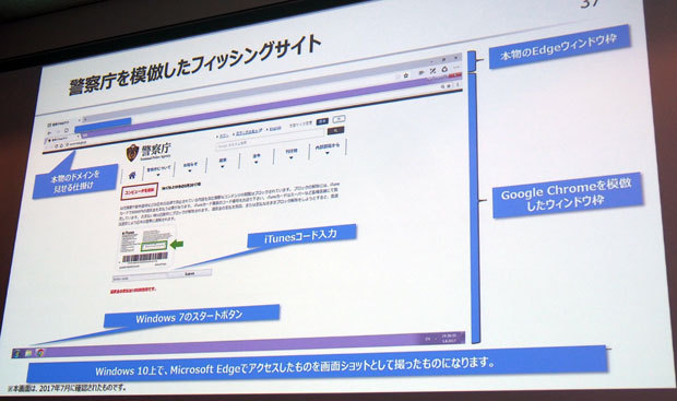 7月に見つかった偽の警察庁サイトをWindows 10のEdgeブラウザで表示した様子。Chromeブラウザに似せたアドレスバーに警察庁サイトの正規URLを表示したり、Windows 7のタスクバーを表示したりと、数々の偽装が行われている