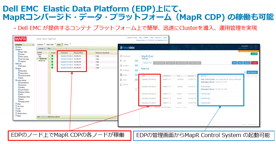 Dell EMCの「Elastic Data Platform」上にMapRコンバージド・データ・プラットフォーム（MapR CDP）を稼働させたキャプチャー画面例