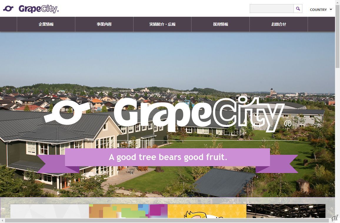 グレープシティのウェブサイト。8カ国で4つの事業を展開するグローバル企業だ
