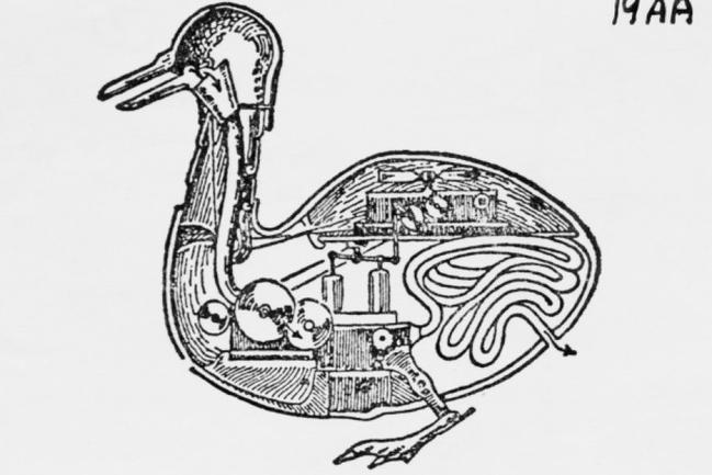 消化するアヒル（Digesting Duck）
　フランスの発明家であるジャック・ド・ヴォーカンソン（Jacques de Vaucanson）は、アヒル型の機械「Digesting Duck」を発表し、1730年代初頭にパリで人気者になった。このアヒルの形をした機械は、えさを食べて、まるで消化しているように見せた。