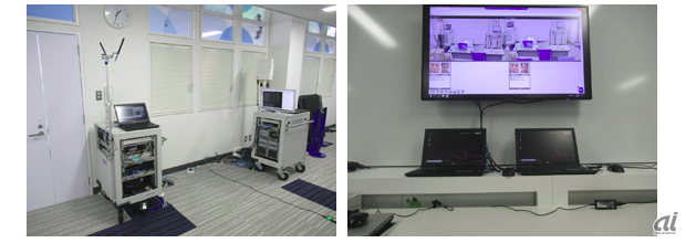 5G基地局装置（左）とデモ画面（出典：NEC）