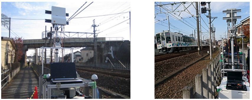 提供：線路沿いに設置した5G基地局（左）と通過中の列車に映像伝送