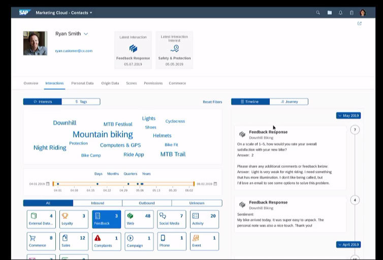 自転車メーカーがQualtricsのフィードバック機能を使って、自然言語処理で不満点を割り出し、SAPのMarketinc Cloudで顧客の購入履歴やプロフィールを見て最適なマーケティングキャンペーンを打つというデモを見せた