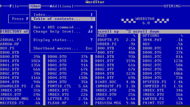 WordStar

　多くの人は、1980年代に「WordStar」で初めてワードプロセッサーを体験した。MS-DOS版のWordStarは、1982年にフロッピーディスクに収録されて発売された。処理は高速で十分な機能を持ち、メモリを圧迫しすぎることもなかった。