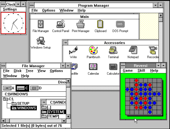 Windows 3.0

　1990年に発売されたこのバージョンは、商業的に成功した初めてのWindowsだった。MS-DOSとは違い、Windows 3.0を使うには、ウィンドウをクリックしてドラッグするためのMicrosoft互換マウスが必要だった。

　残念ながら、最新版の「Windows 10」には「リバーシ」や「Gorillas.bas」「Donkey.bas」「Nibbles.bas」などのゲームが密かに入っていたりはしないが、ネットで検索すれば、これらの懐かしいゲームを再びプレイすることができる。